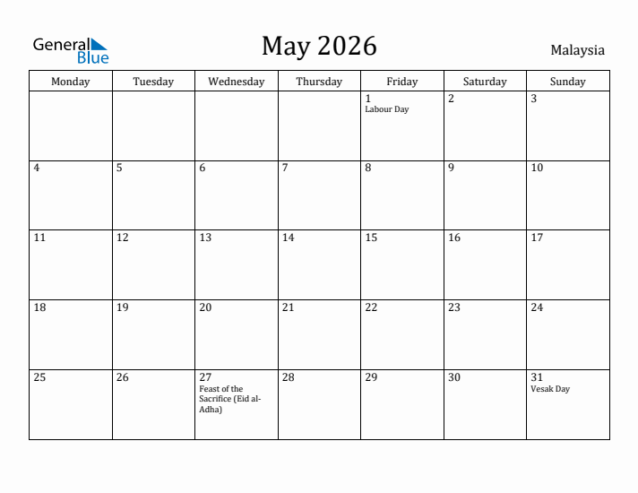 May 2026 Calendar Malaysia