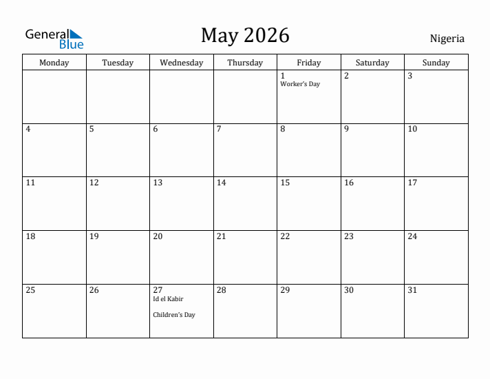 May 2026 Calendar Nigeria