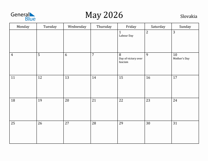 May 2026 Calendar Slovakia