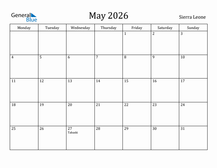 May 2026 Calendar Sierra Leone