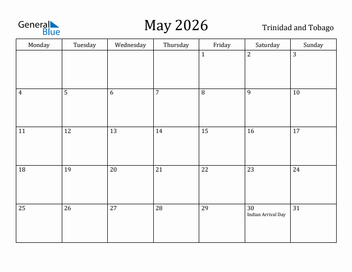 May 2026 Calendar Trinidad and Tobago