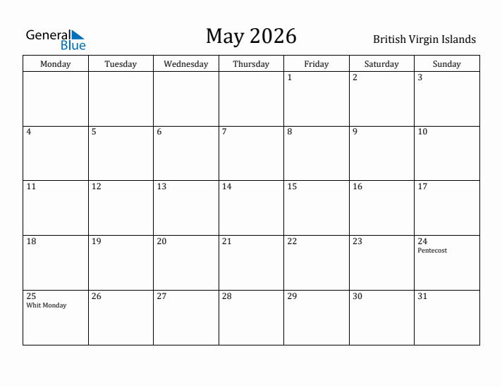 May 2026 Calendar British Virgin Islands