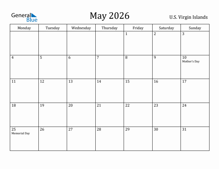 May 2026 Calendar U.S. Virgin Islands