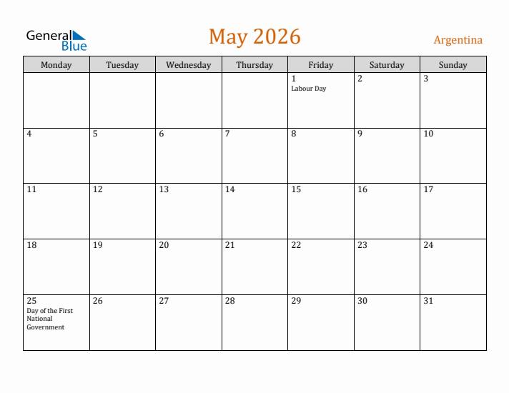 May 2026 Holiday Calendar with Monday Start
