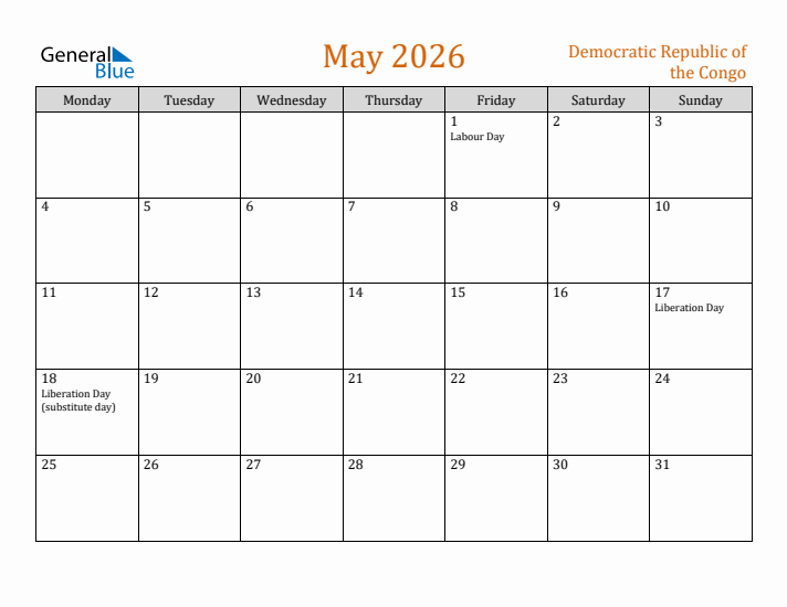 May 2026 Holiday Calendar with Monday Start