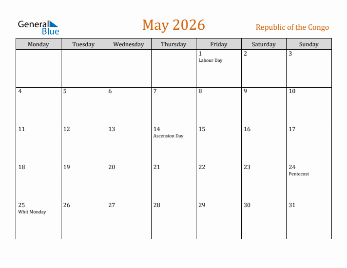 May 2026 Holiday Calendar with Monday Start