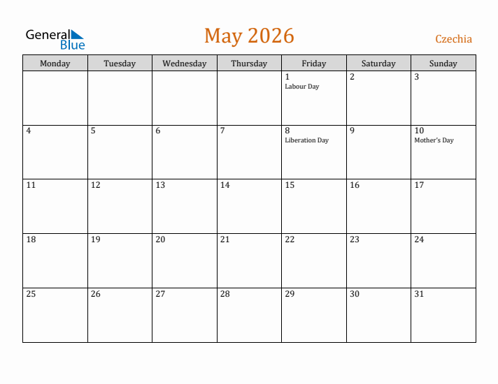 May 2026 Holiday Calendar with Monday Start