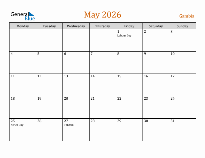 May 2026 Holiday Calendar with Monday Start