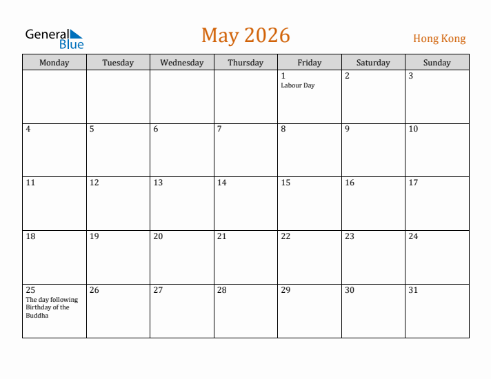 May 2026 Holiday Calendar with Monday Start