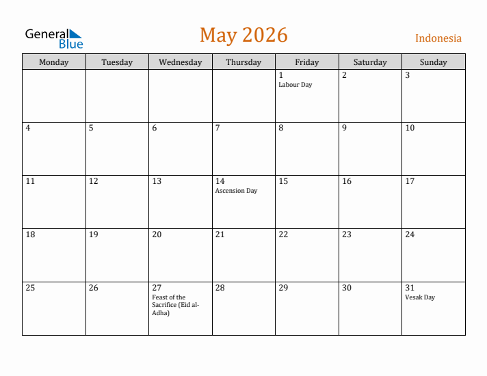 May 2026 Holiday Calendar with Monday Start