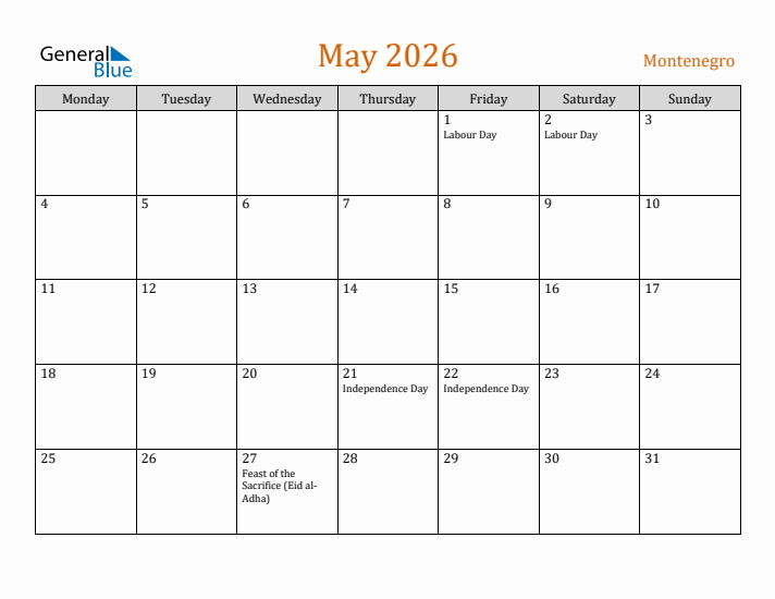 May 2026 Holiday Calendar with Monday Start