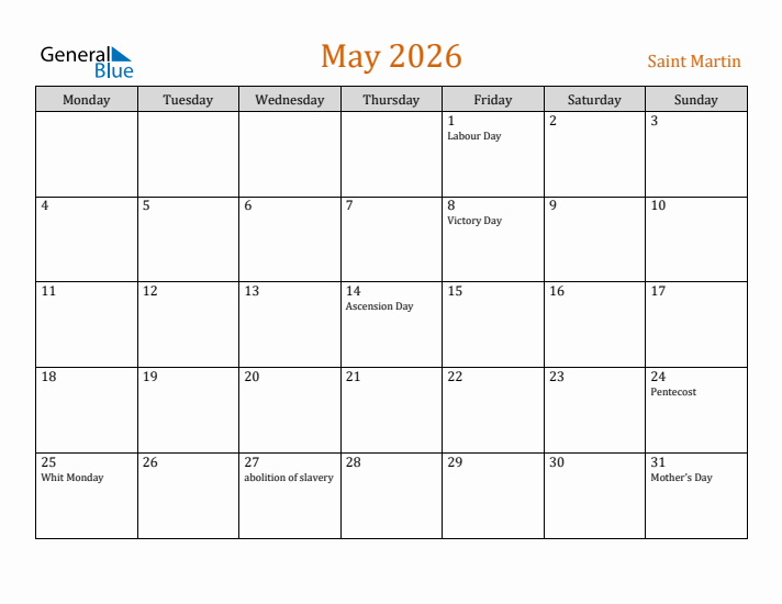 May 2026 Holiday Calendar with Monday Start