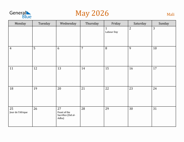 May 2026 Holiday Calendar with Monday Start