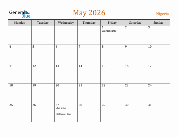 May 2026 Holiday Calendar with Monday Start