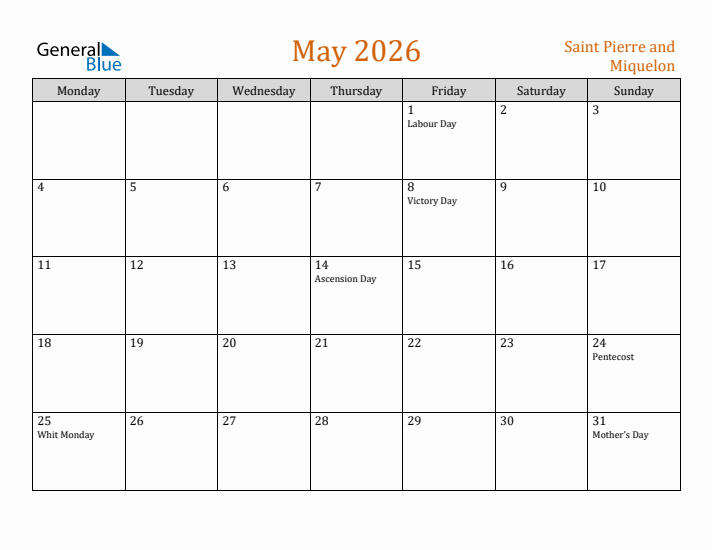 May 2026 Holiday Calendar with Monday Start