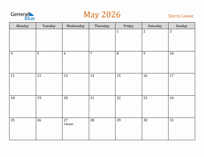 May 2026 Holiday Calendar with Monday Start