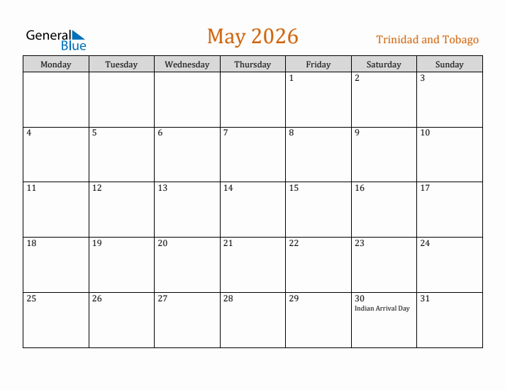 May 2026 Holiday Calendar with Monday Start