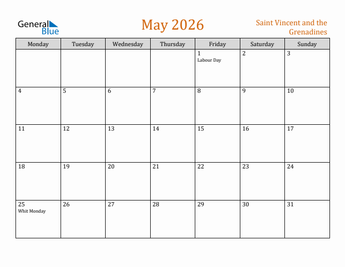May 2026 Holiday Calendar with Monday Start
