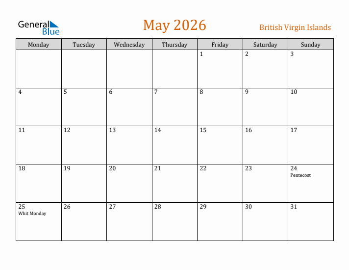 May 2026 Holiday Calendar with Monday Start
