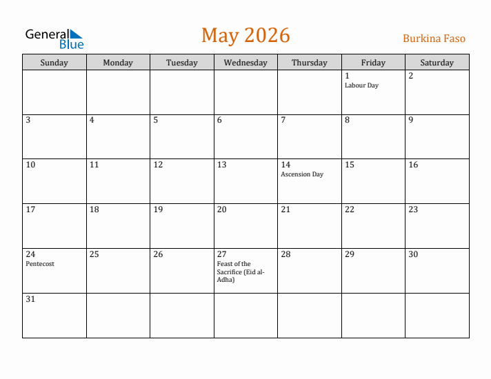 May 2026 Holiday Calendar with Sunday Start