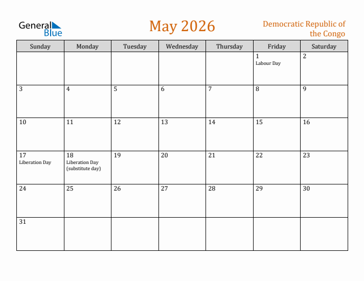 May 2026 Holiday Calendar with Sunday Start