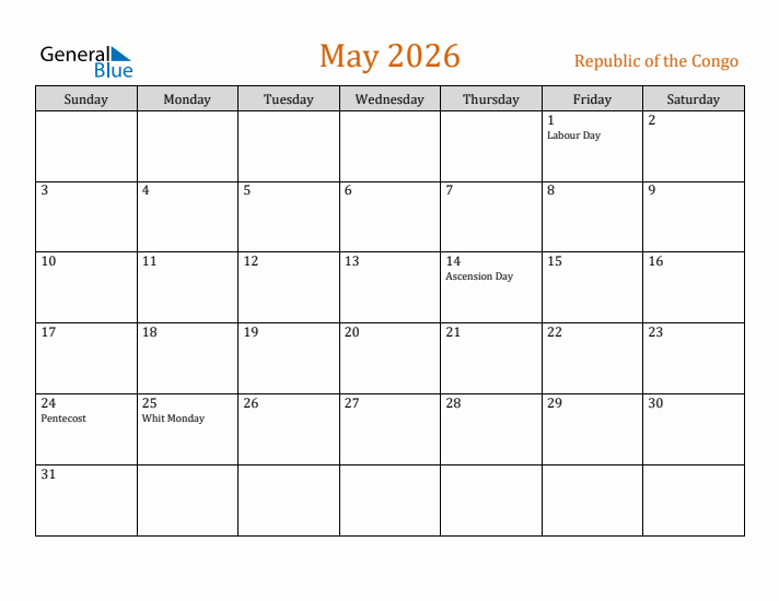 May 2026 Holiday Calendar with Sunday Start