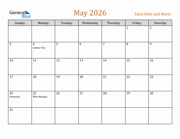 May 2026 Holiday Calendar with Sunday Start