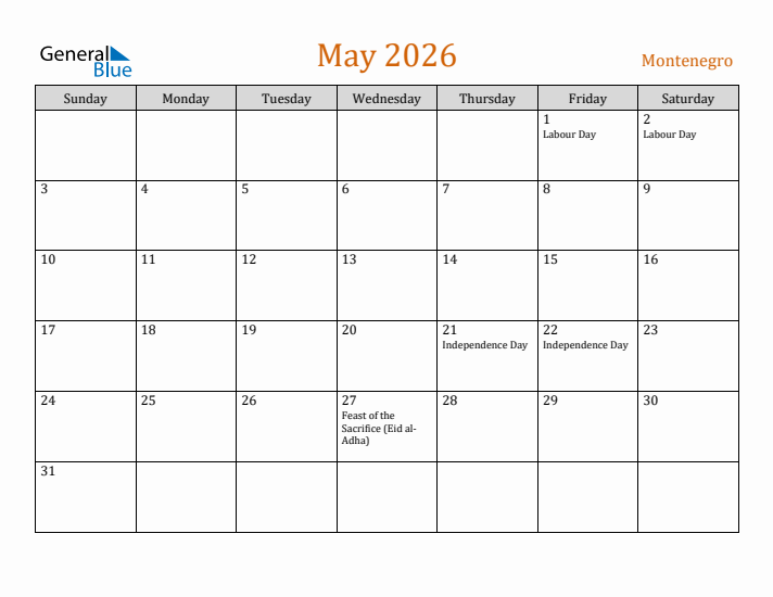 May 2026 Holiday Calendar with Sunday Start
