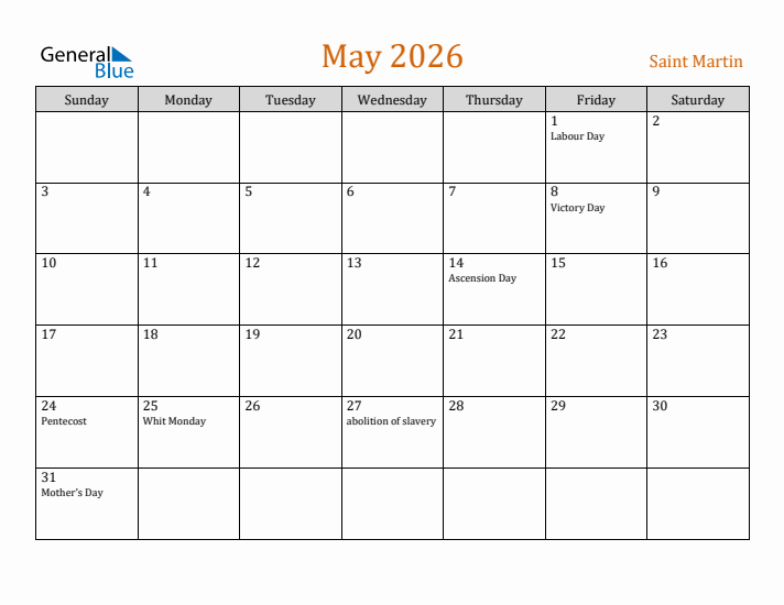 May 2026 Holiday Calendar with Sunday Start