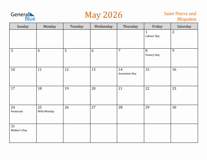 May 2026 Holiday Calendar with Sunday Start