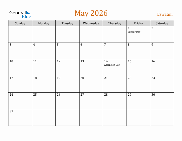 May 2026 Holiday Calendar with Sunday Start