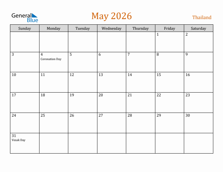 May 2026 Holiday Calendar with Sunday Start