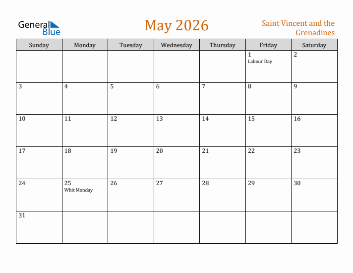 May 2026 Holiday Calendar with Sunday Start
