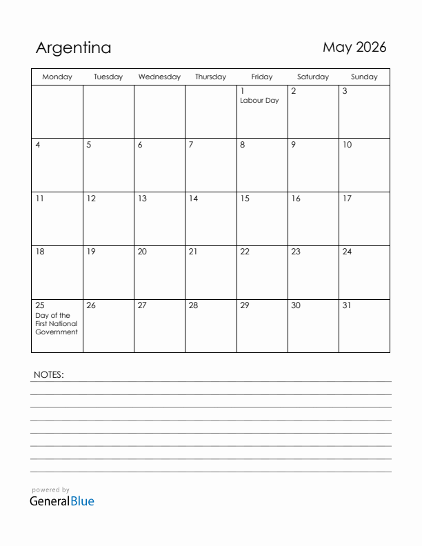 May 2026 Argentina Calendar with Holidays (Monday Start)