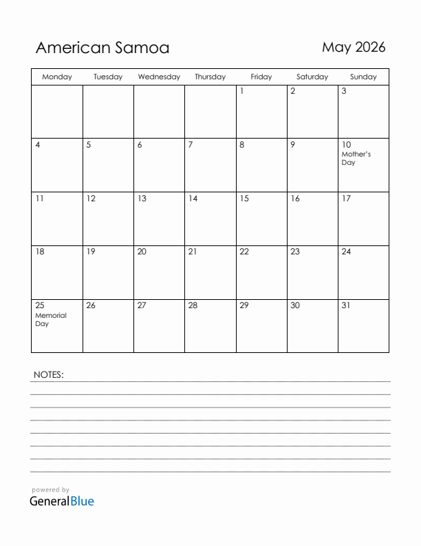 May 2026 American Samoa Calendar with Holidays (Monday Start)