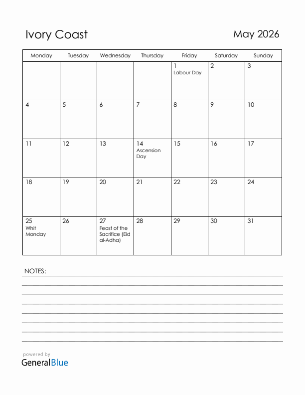 May 2026 Ivory Coast Calendar with Holidays (Monday Start)
