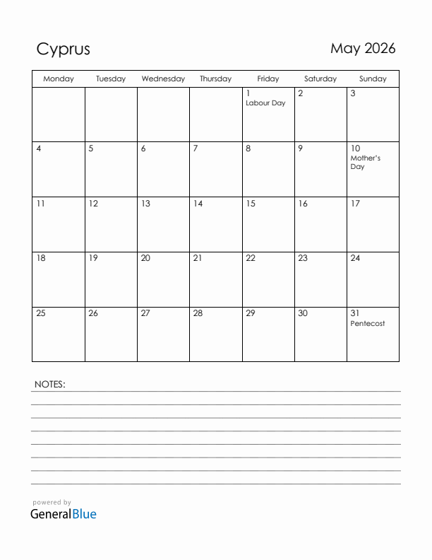 May 2026 Cyprus Calendar with Holidays (Monday Start)