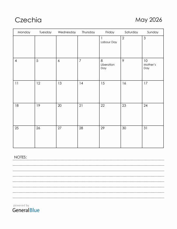 May 2026 Czechia Calendar with Holidays (Monday Start)