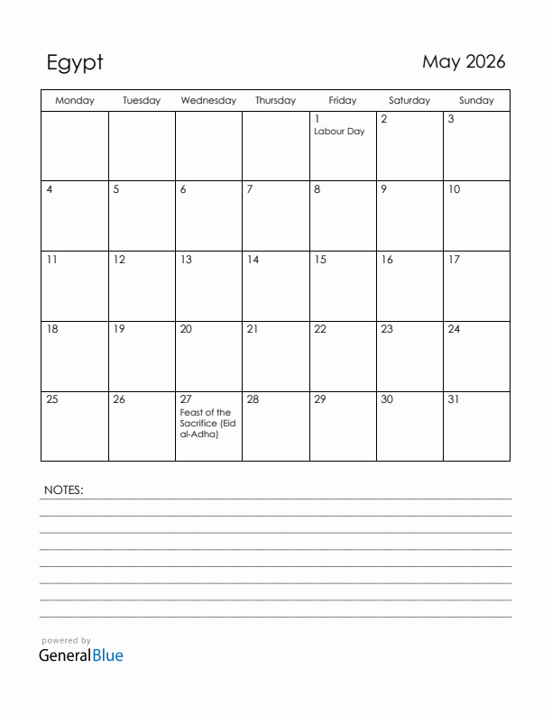 May 2026 Egypt Calendar with Holidays (Monday Start)