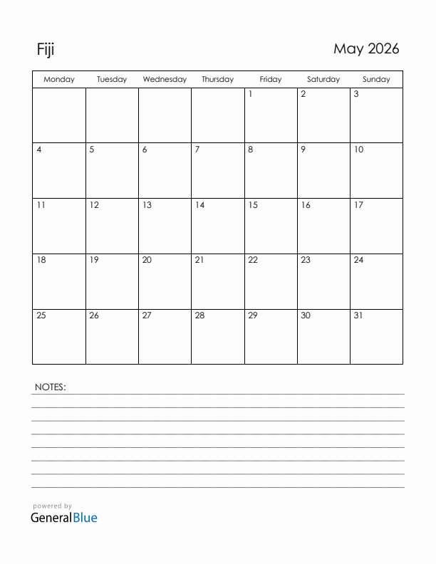 May 2026 Fiji Calendar with Holidays (Monday Start)