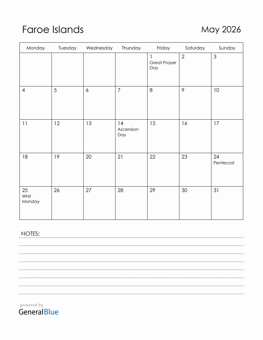May 2026 Faroe Islands Calendar with Holidays (Monday Start)