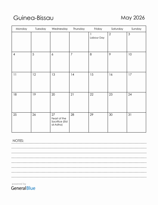 May 2026 Guinea-Bissau Calendar with Holidays (Monday Start)
