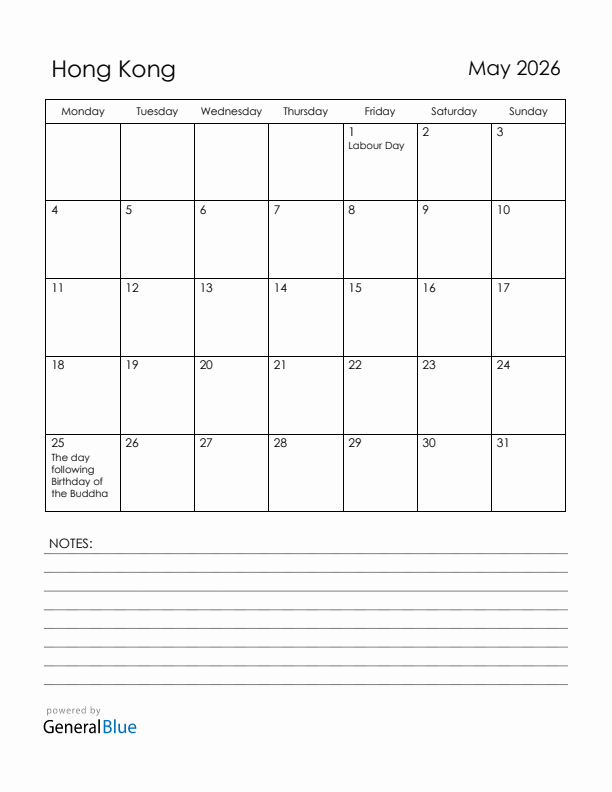 May 2026 Hong Kong Calendar with Holidays (Monday Start)