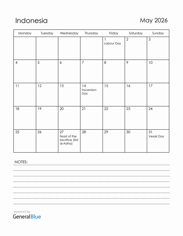 May 2026 Indonesia Calendar with Holidays (Monday Start)