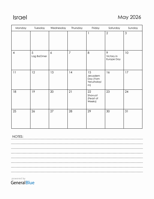 May 2026 Israel Calendar with Holidays (Monday Start)