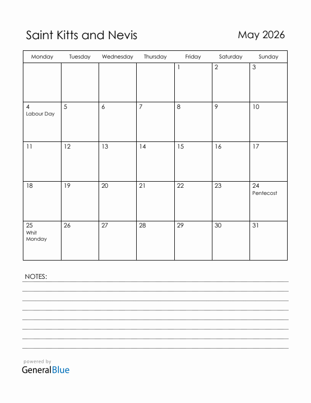 May 2026 Saint Kitts and Nevis Calendar with Holidays (Monday Start)
