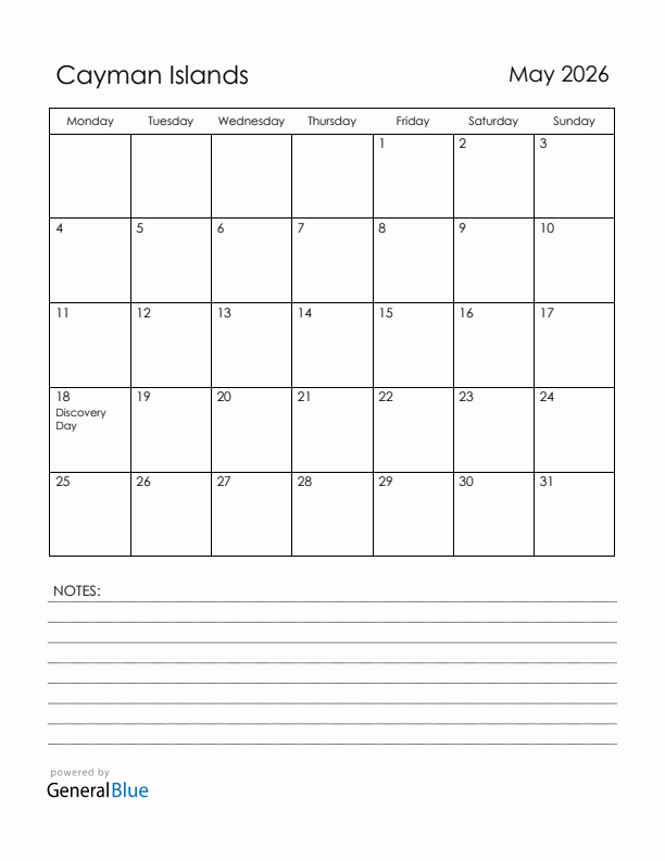 May 2026 Cayman Islands Calendar with Holidays (Monday Start)