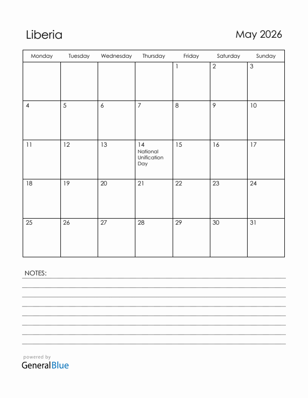 May 2026 Liberia Calendar with Holidays (Monday Start)