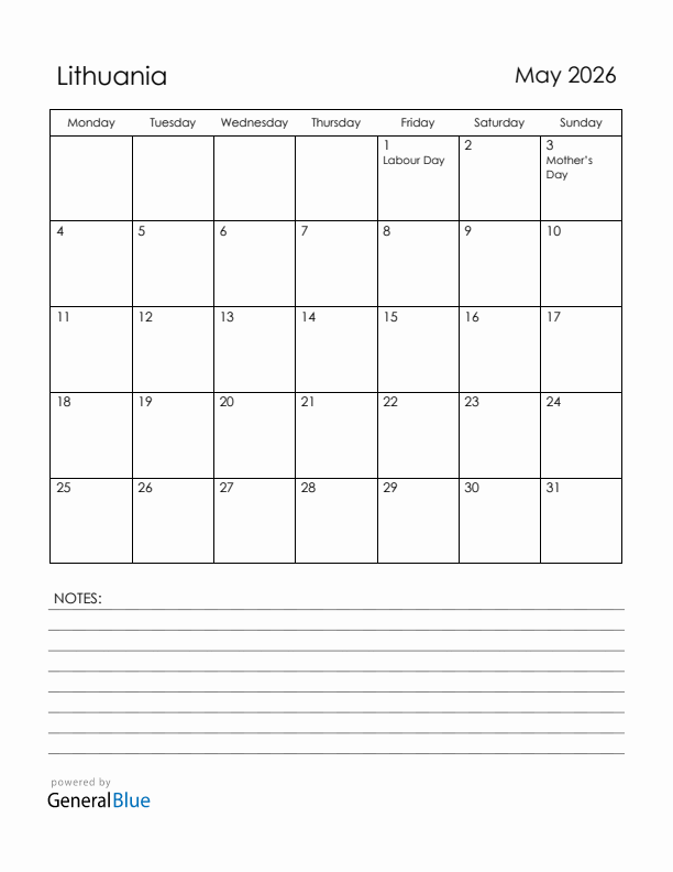 May 2026 Lithuania Calendar with Holidays (Monday Start)