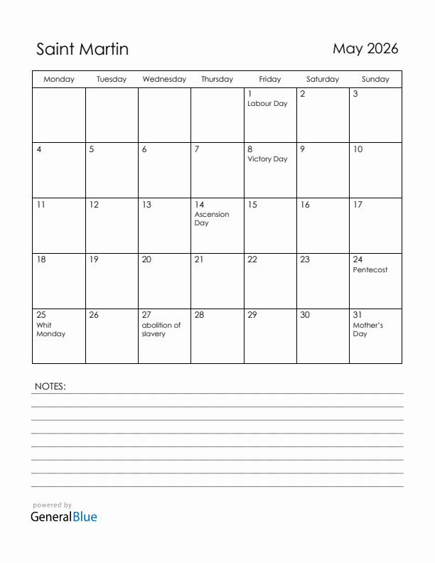 May 2026 Saint Martin Calendar with Holidays (Monday Start)